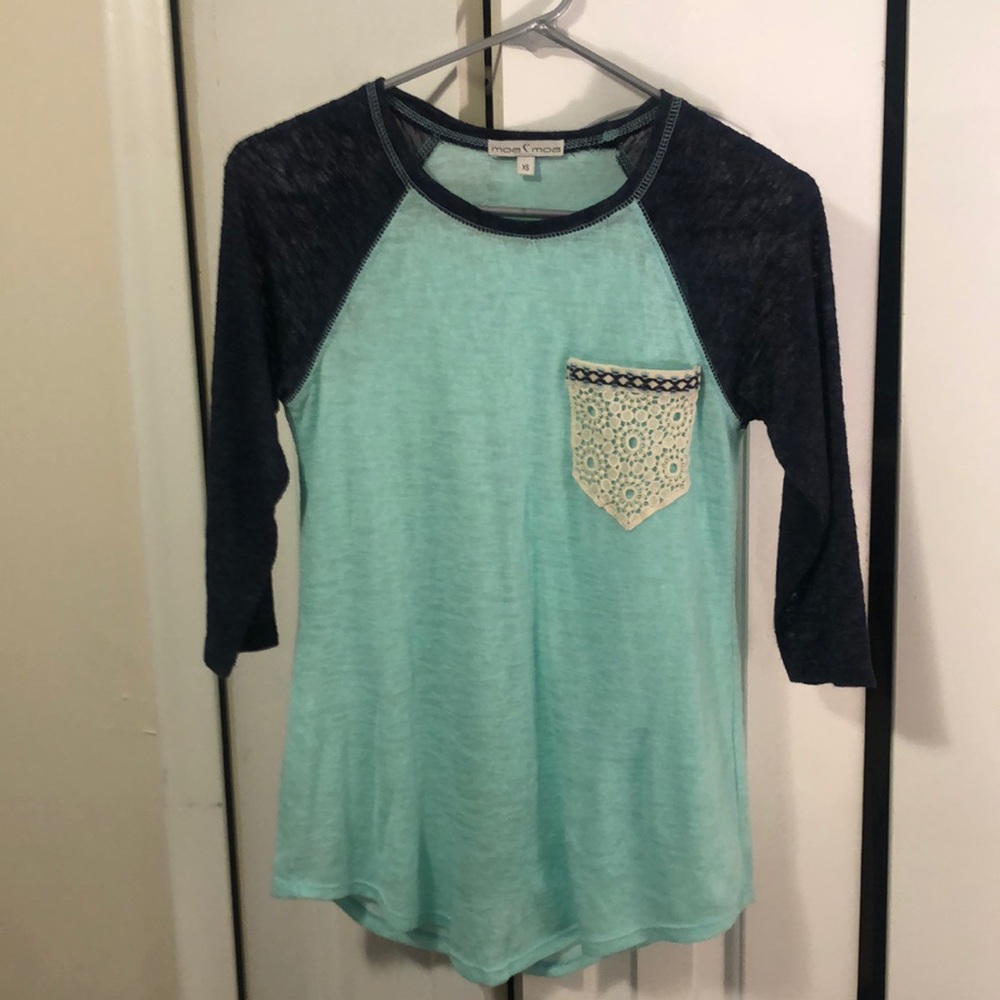 Turquoise Blue Baseball Top Crochet Pocket XS